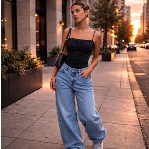 Abercrombie & Fitch Soft AF Black Ruched Bodysuit Size M Y2K Model Minimalist